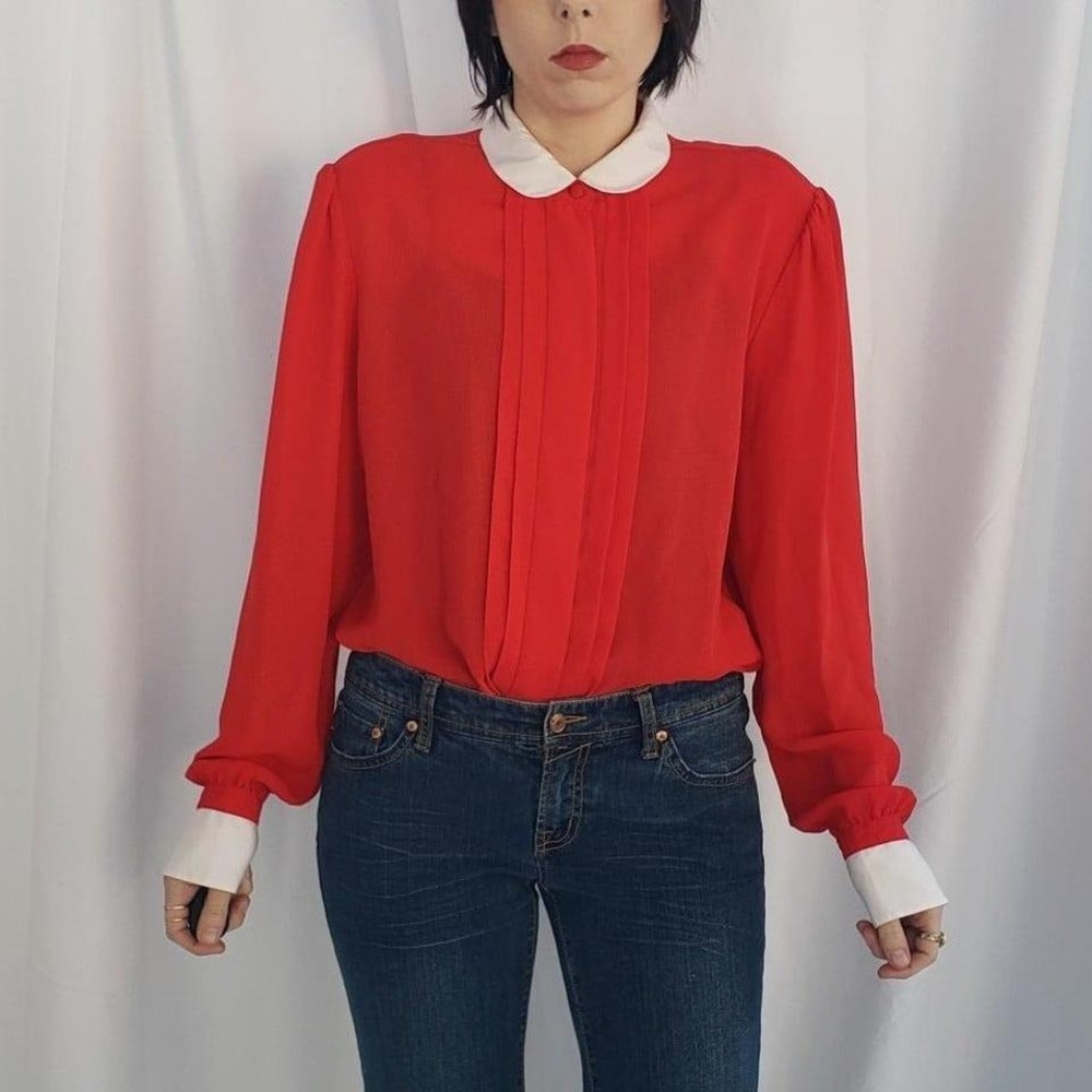 70s/80s Red Sheer Pleated‎ Top
